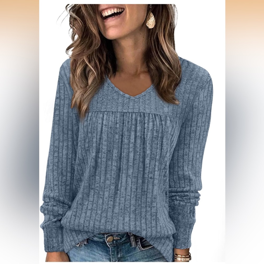 WIHOLL Long Sleeve Shirts V Neck Lightweight Sweaters Casual Tunic Tops Fashion